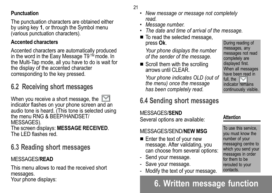 Written message function, 2 receiving short messages, 3 reading short messages | 4 sending short messages | Sagem 912 User Manual | Page 22 / 50