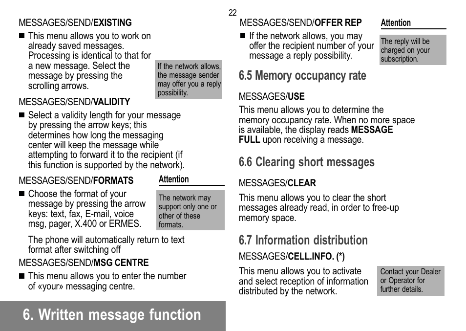 Written message function, 6 clearing short messages, 7 information distribution | Sagem 912 User Manual | Page 23 / 50