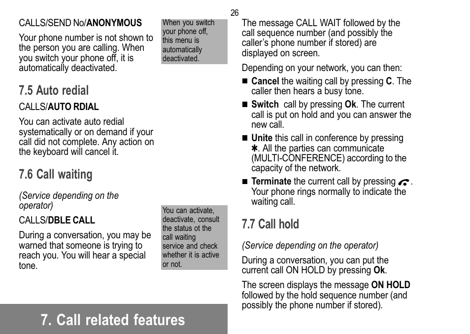 Call related features, 5 auto redial, 6 call waiting | 7 call hold | Sagem 912 User Manual | Page 27 / 50