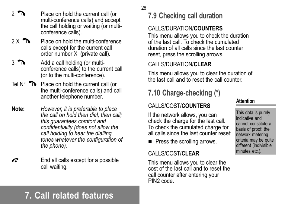 Call related features, 9 checking call duration, 10 charge-checking (*) | Sagem 912 User Manual | Page 29 / 50