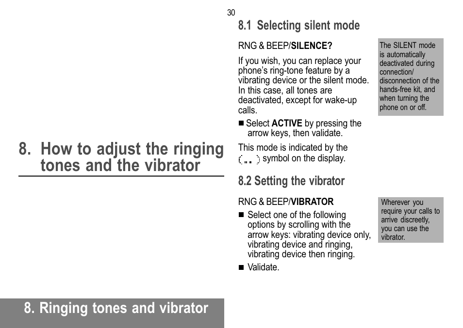 How to adjust the ringing tones and the vibrator, Ringing tones and vibrator, 1 selecting silent mode | 2 setting the vibrator | Sagem 912 User Manual | Page 31 / 50