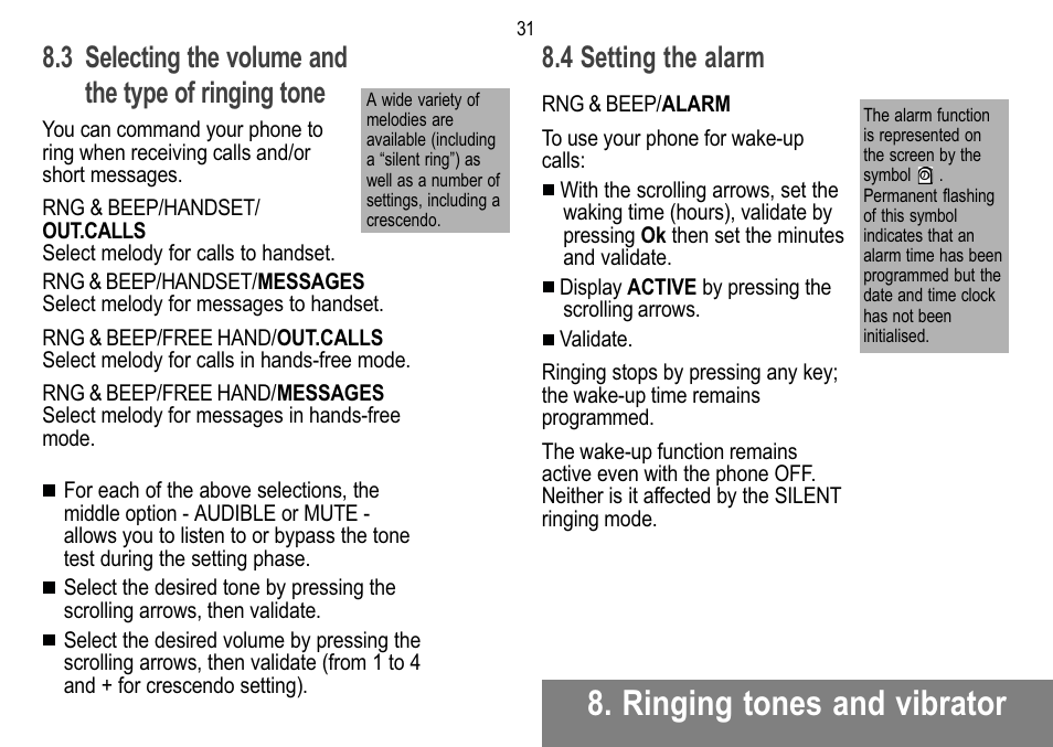 Ringing tones and vibrator, 4 setting the alarm | Sagem 912 User Manual | Page 32 / 50