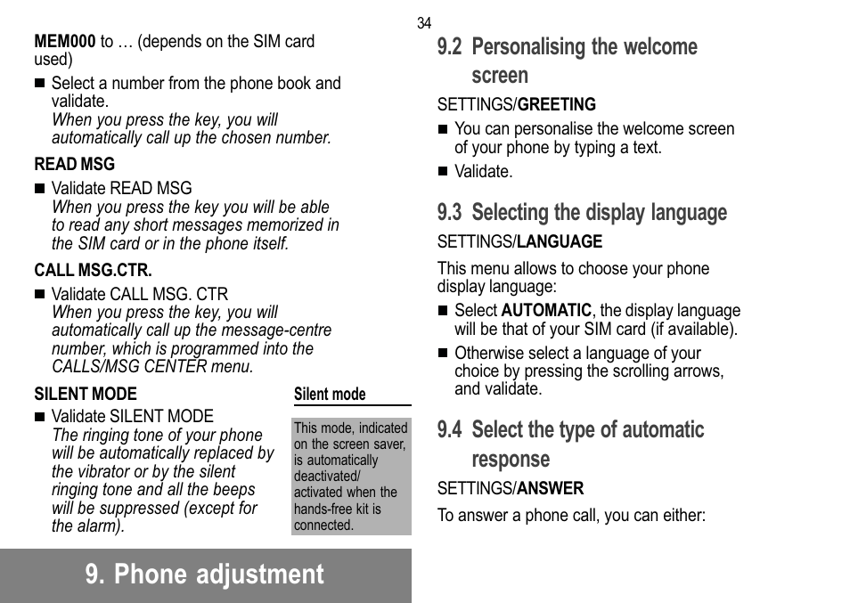 Phone adjustment, 2 personalising the welcome screen, 3 selecting the display language | 4 select the type of automatic response | Sagem 912 User Manual | Page 35 / 50