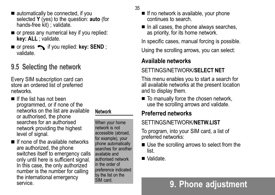 Phone adjustment, 5 selecting the network | Sagem 912 User Manual | Page 36 / 50