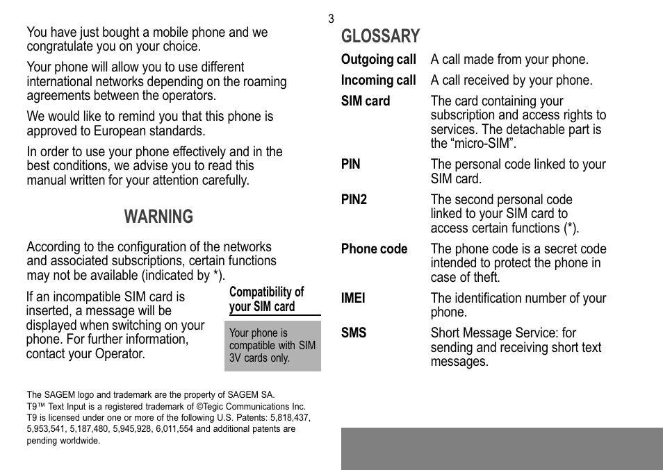 Warning, Glossary | Sagem 912 User Manual | Page 4 / 50