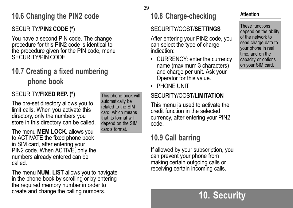 Security, 6 changing the pin2 code, 7 creating a fixed numbering phone book | 8 charge-checking, 9 call barring | Sagem 912 User Manual | Page 40 / 50