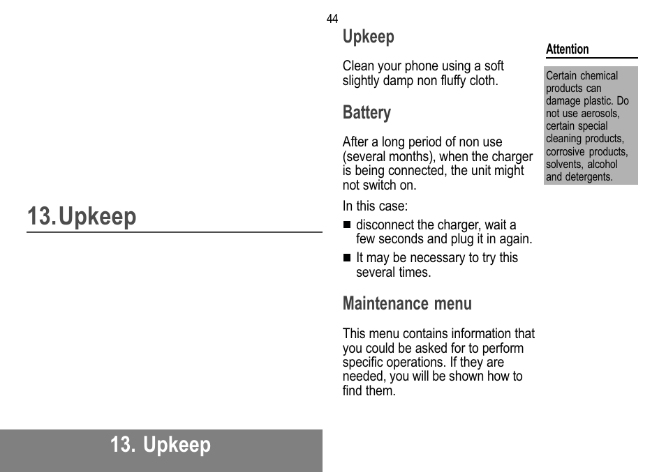 Upkeep, Battery, Maintenance menu | Sagem 912 User Manual | Page 45 / 50
