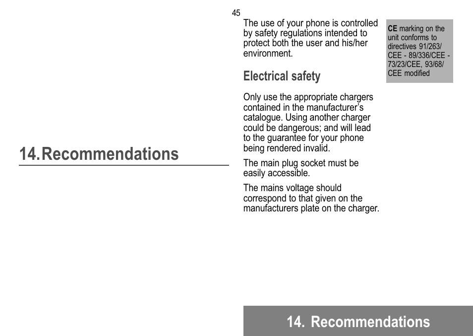 Recommendations, Electrical safety | Sagem 912 User Manual | Page 46 / 50
