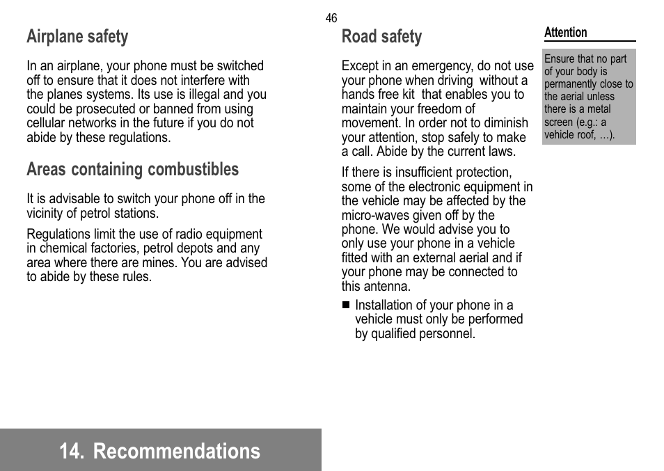 Recommendations, Airplane safety, Areas containing combustibles | Road safety | Sagem 912 User Manual | Page 47 / 50