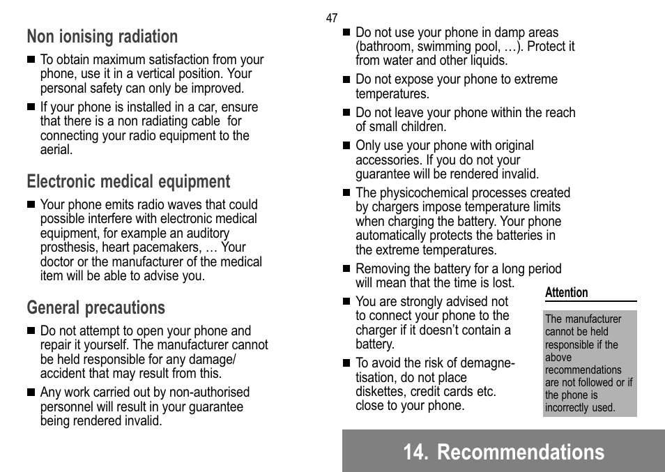 Recommendations, Non ionising radiation, Electronic medical equipment | General precautions | Sagem 912 User Manual | Page 48 / 50