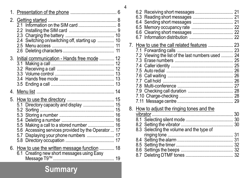Summary | Sagem 912 User Manual | Page 5 / 50