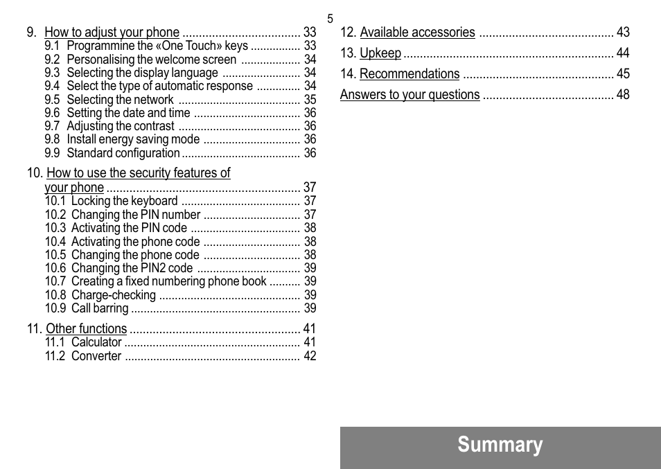Summary | Sagem 912 User Manual | Page 6 / 50