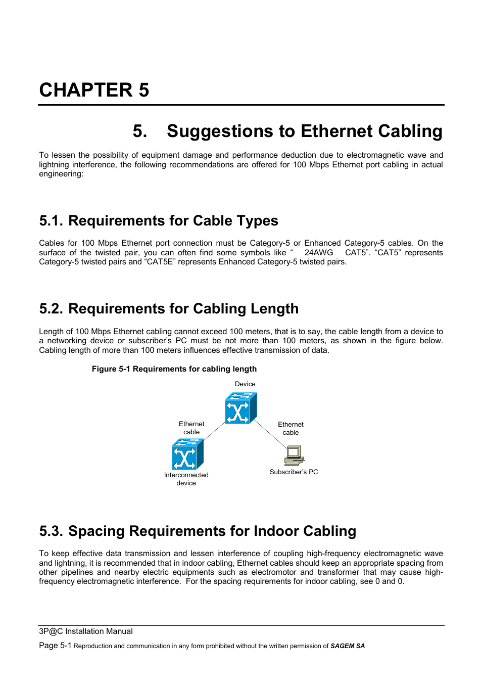 Chapter 5, Suggestions to ethernet cabling, Requirements for cable types | Requirements for cabling length, Spacing requirements for indoor cabling | Sagem 4450E User Manual | Page 102 / 198