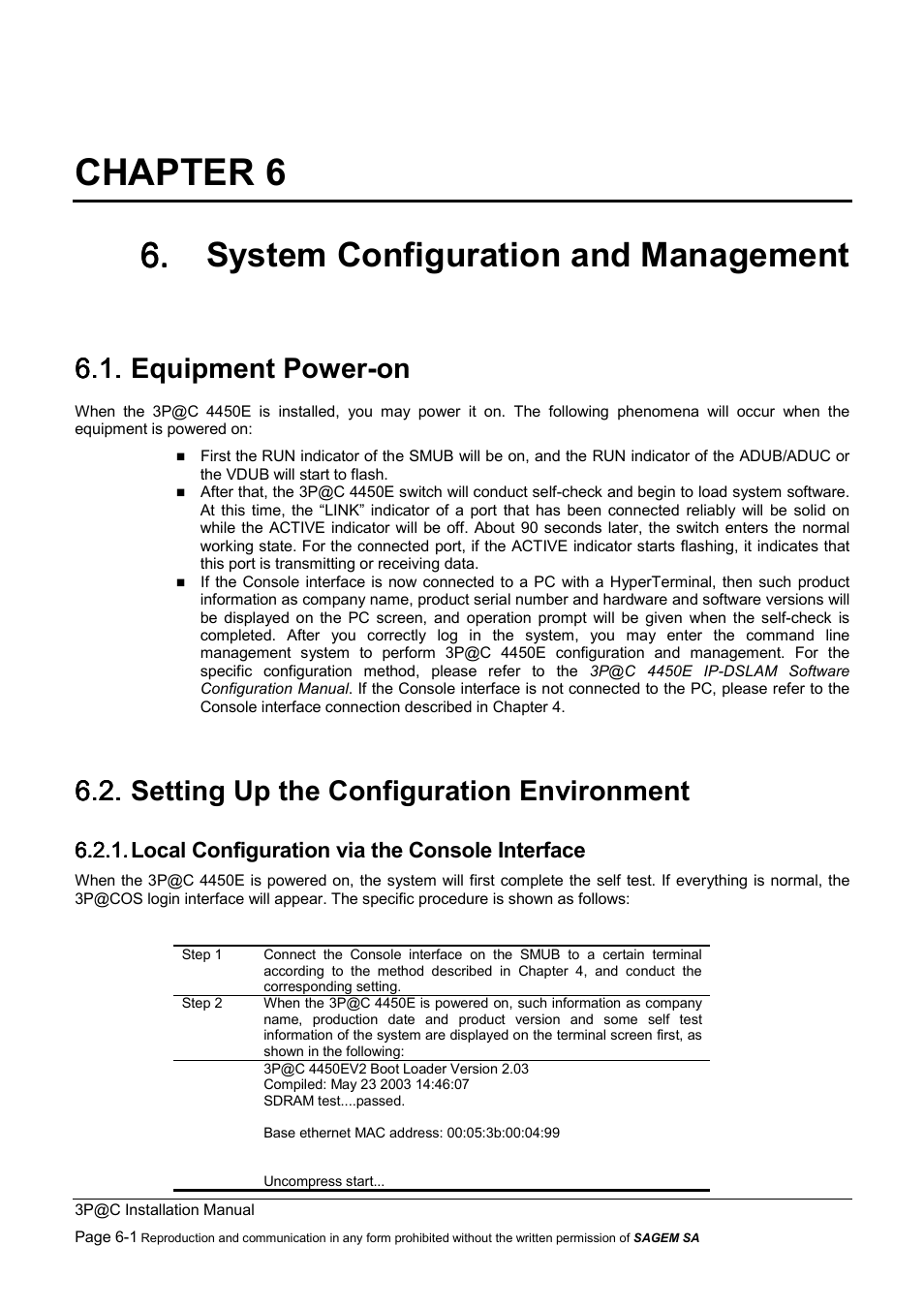 Chapter 6, System configuration and management, Equipment power-on | Setting up the configuration environment, Local configuration via the console interface, 6. system configuration and management, 6.1. equipment power-on, 6.2. setting up the configuration environment | Sagem 4450E User Manual | Page 108 / 198