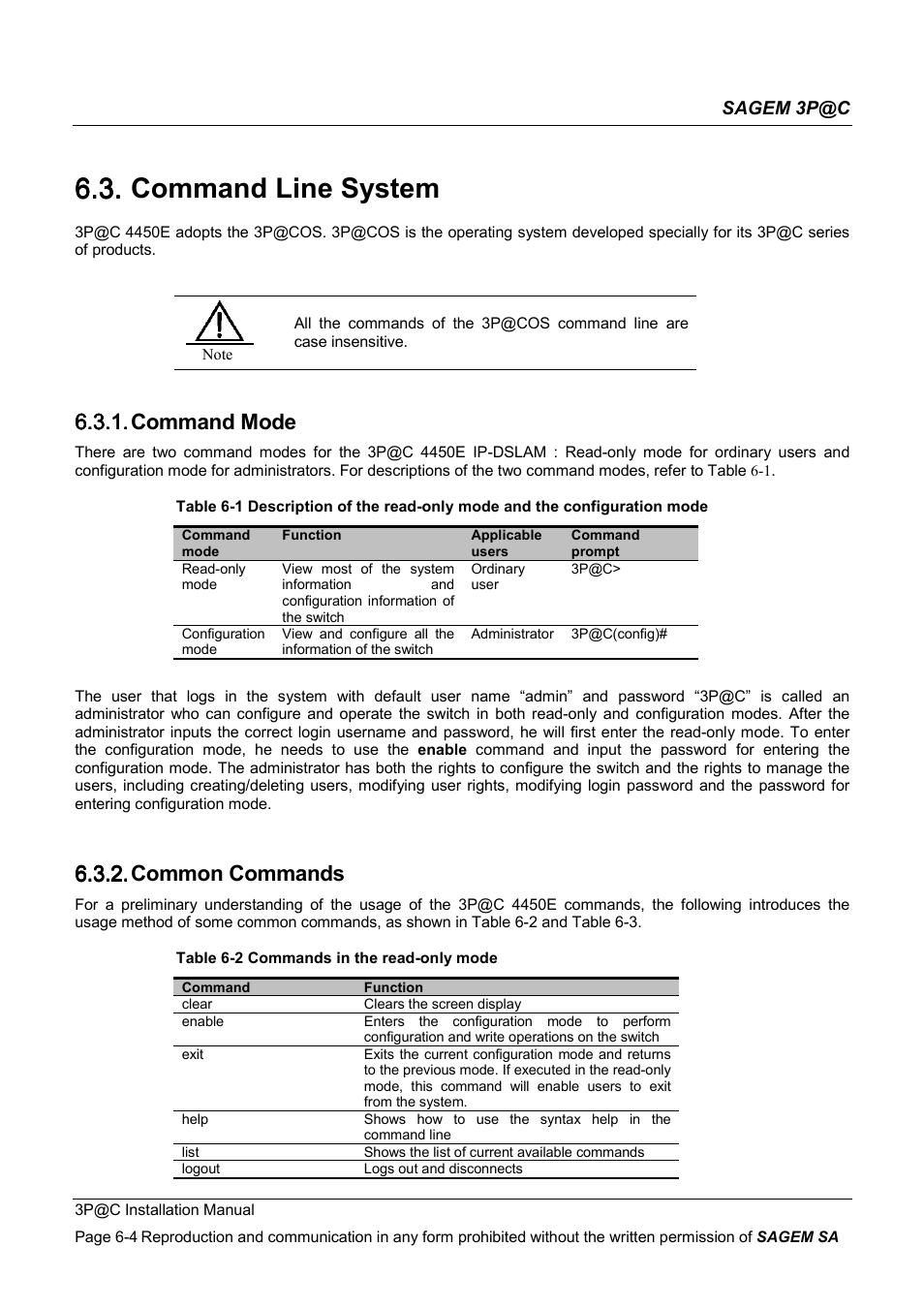 Command line system, Command mode, Common commands | 6.3. command line system, 6.3.1. command mode, 6.3.2. common commands | Sagem 4450E User Manual | Page 111 / 198