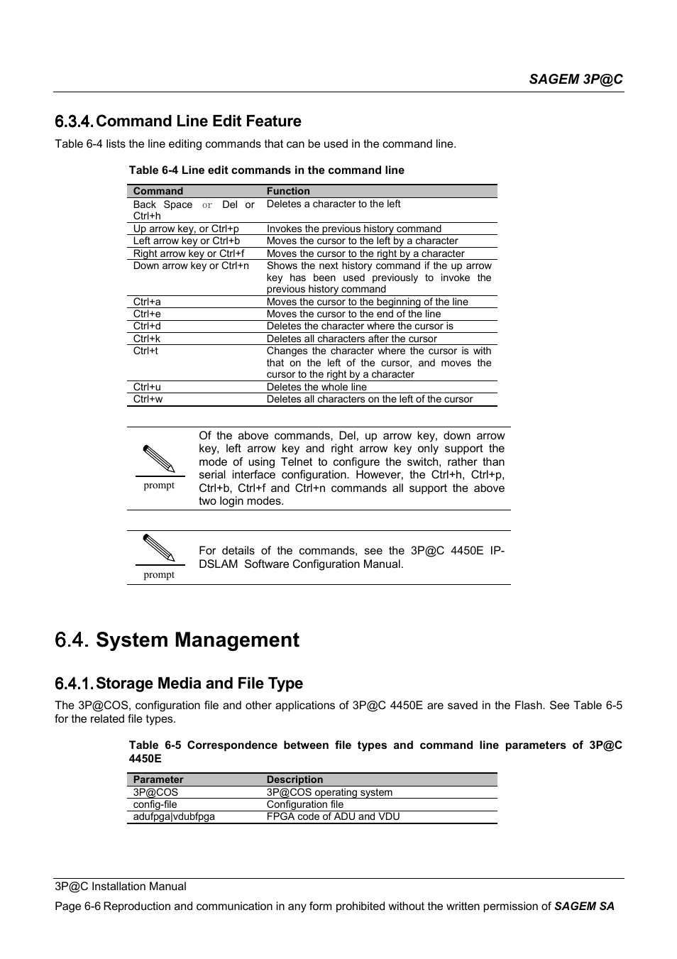 Command line edit feature, System management, Storage media and file type | 6.4. system management, 6.3.4. command line edit feature, 6.4.1. storage media and file type | Sagem 4450E User Manual | Page 113 / 198