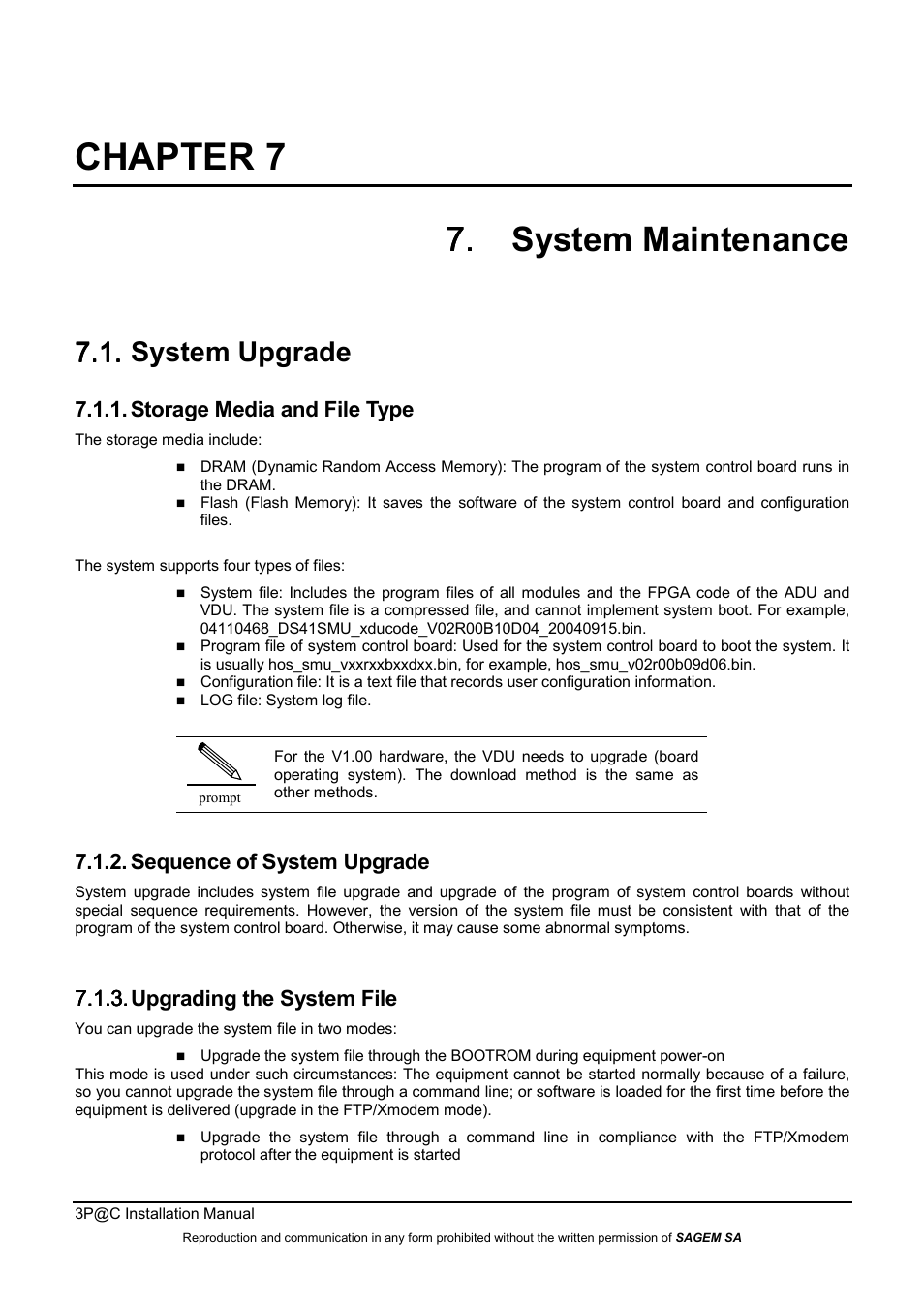 Chapter 7, System maintenance, System upgrade | Storage media and file type, Sequence of system upgrade, Upgrading the system file, 7. system maintenance, 7.1. system upgrade | Sagem 4450E User Manual | Page 116 / 198