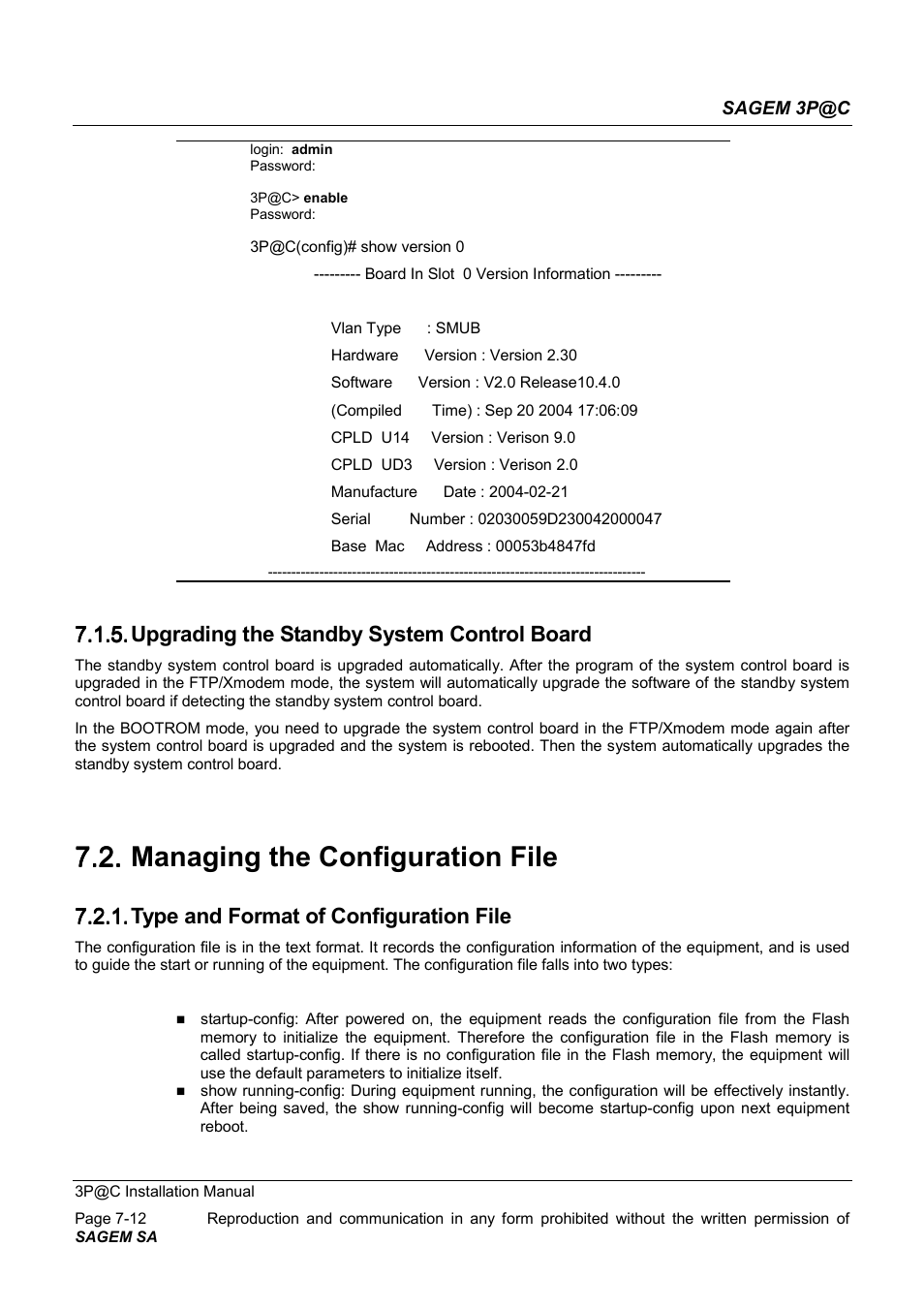 Upgrading the standby system control board, Managing the configuration file, Type and format of configuration file | 7.2. managing the configuration file, 7.1.5. upgrading the standby system control board, 7.2.1. type and format of configuration file | Sagem 4450E User Manual | Page 127 / 198