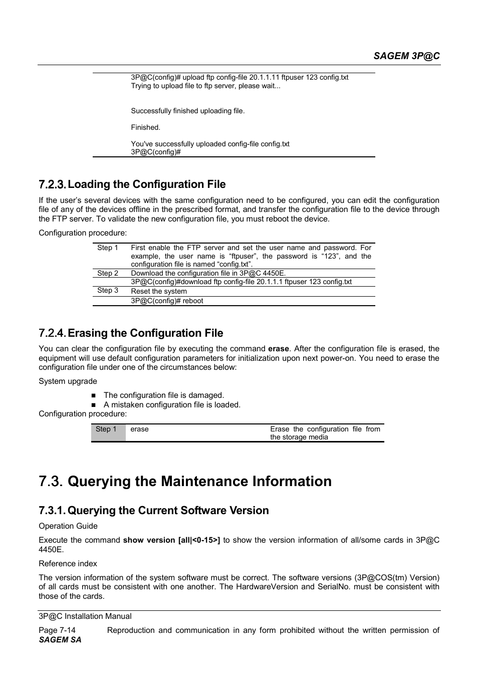 Loading the configuration file, Erasing the configuration file, Querying the maintenance information | Querying the current software version, 7.3. querying the maintenance information, 7.2.3. loading the configuration file, 7.2.4. erasing the configuration file | Sagem 4450E User Manual | Page 129 / 198