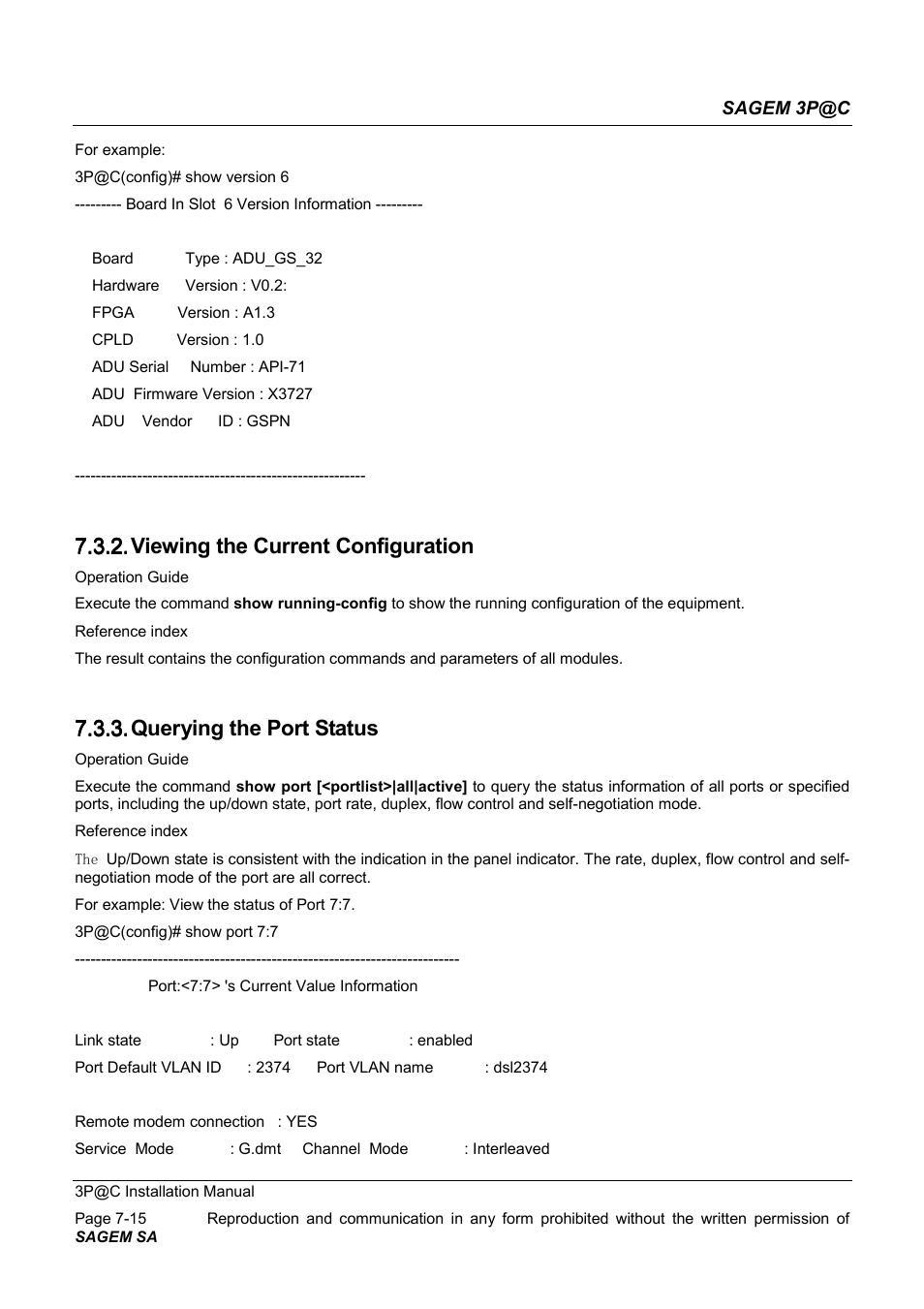 Viewing the current configuration, Querying the port status, 7.3.2. viewing the current configuration | 7.3.3. querying the port status | Sagem 4450E User Manual | Page 130 / 198