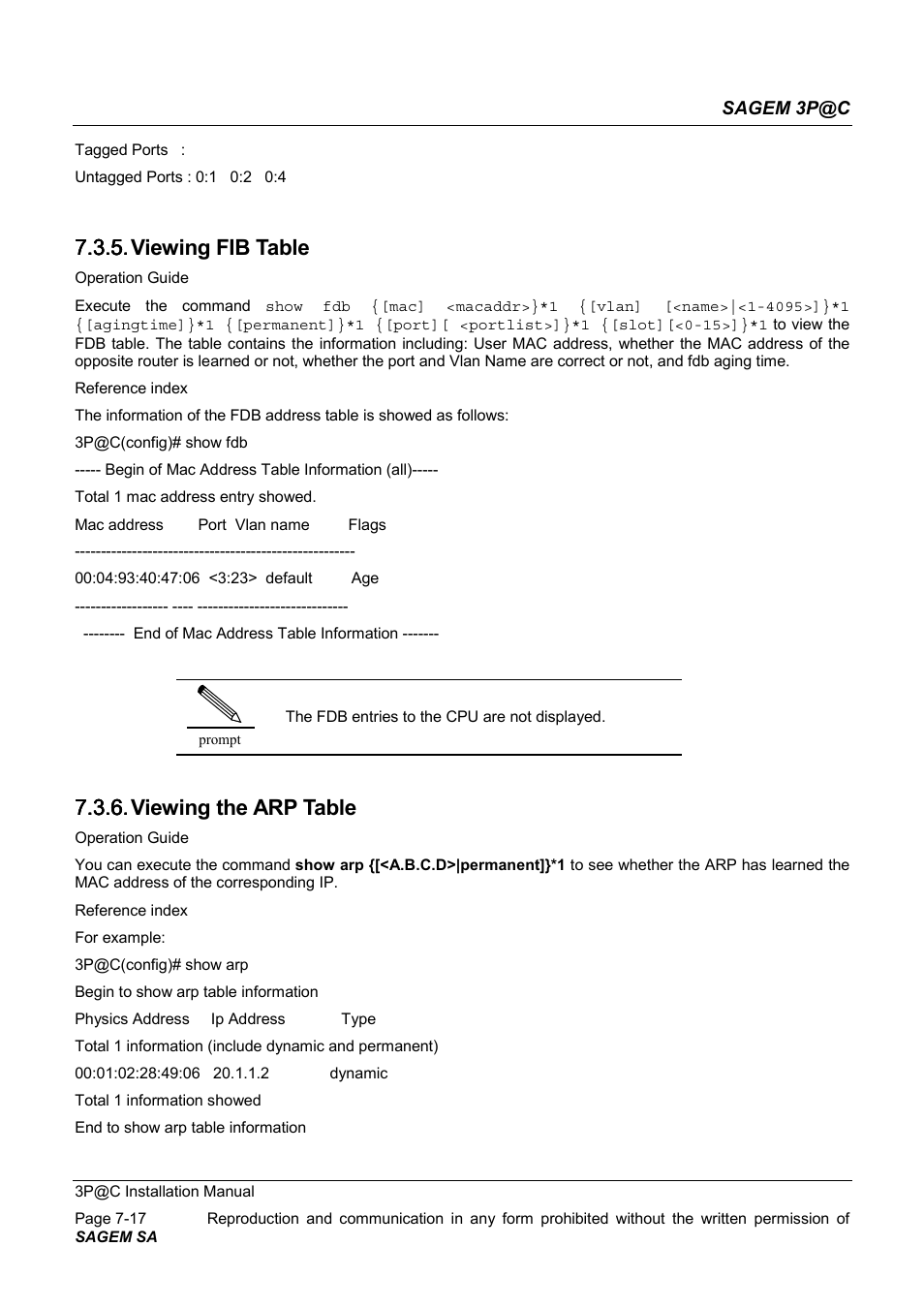 Viewing fib table, Viewing the arp table, 7.3.5. viewing fib table | 7.3.6. viewing the arp table | Sagem 4450E User Manual | Page 132 / 198