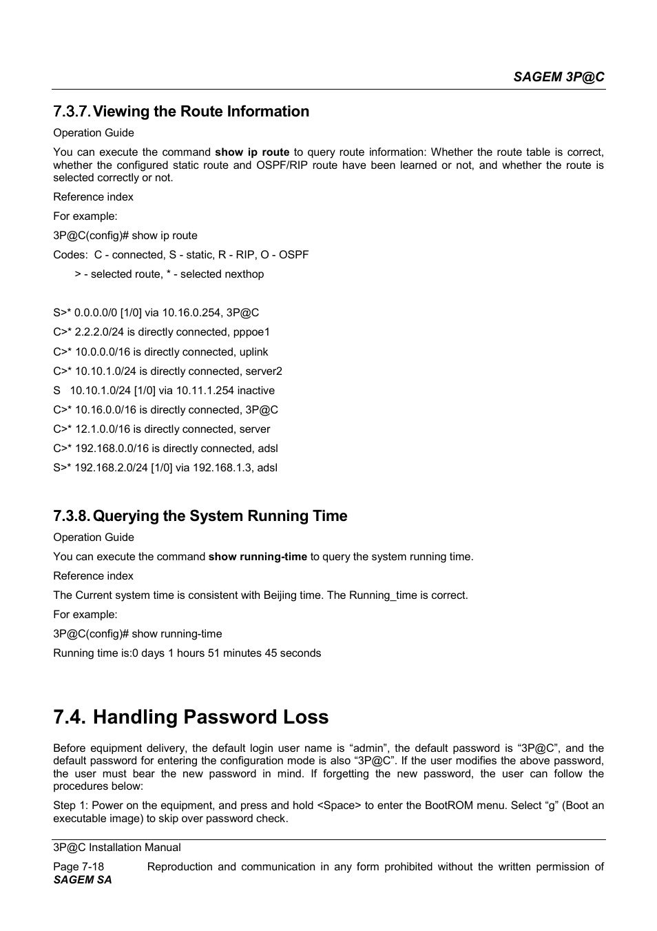 Viewing the route information, Querying the system running time, Handling password loss | 7.3.7. viewing the route information | Sagem 4450E User Manual | Page 133 / 198