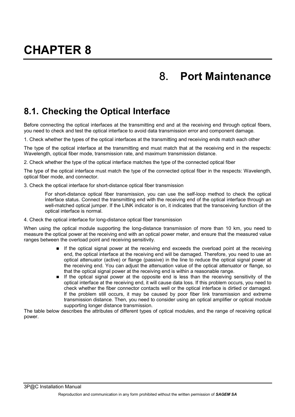 Chapter 8, Port maintenance, Checking the optical interface | 8. port maintenance | Sagem 4450E User Manual | Page 136 / 198