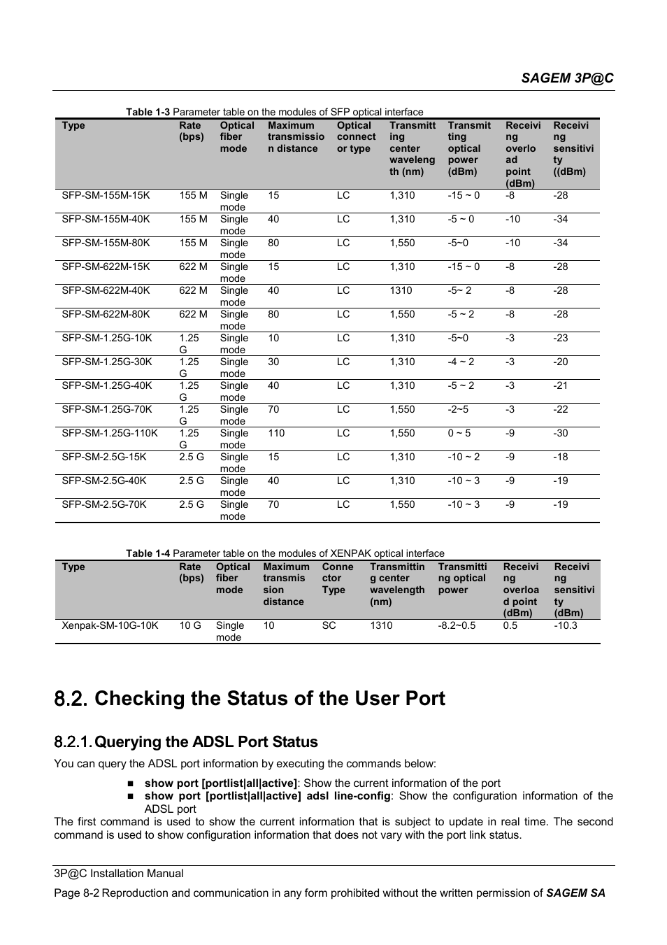 Checking the status of the user port, Querying the adsl port status, 8.2. checking the status of the user port | 8.2.1. querying the adsl port status, Sagem 3p@c | Sagem 4450E User Manual | Page 137 / 198