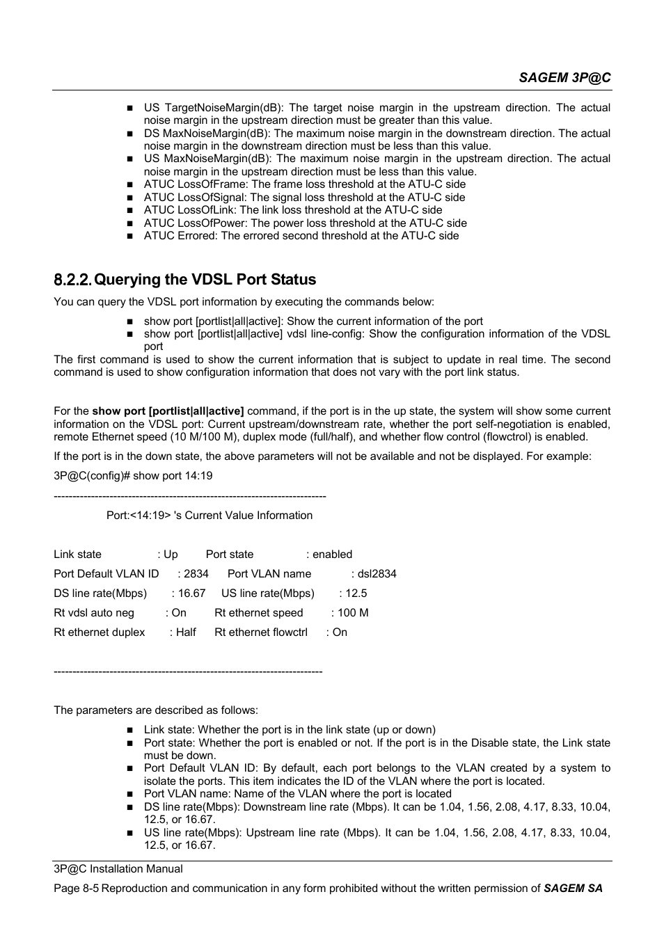 Querying the vdsl port status, 8.2.2. querying the vdsl port status, Sagem 3p@c | Sagem 4450E User Manual | Page 140 / 198