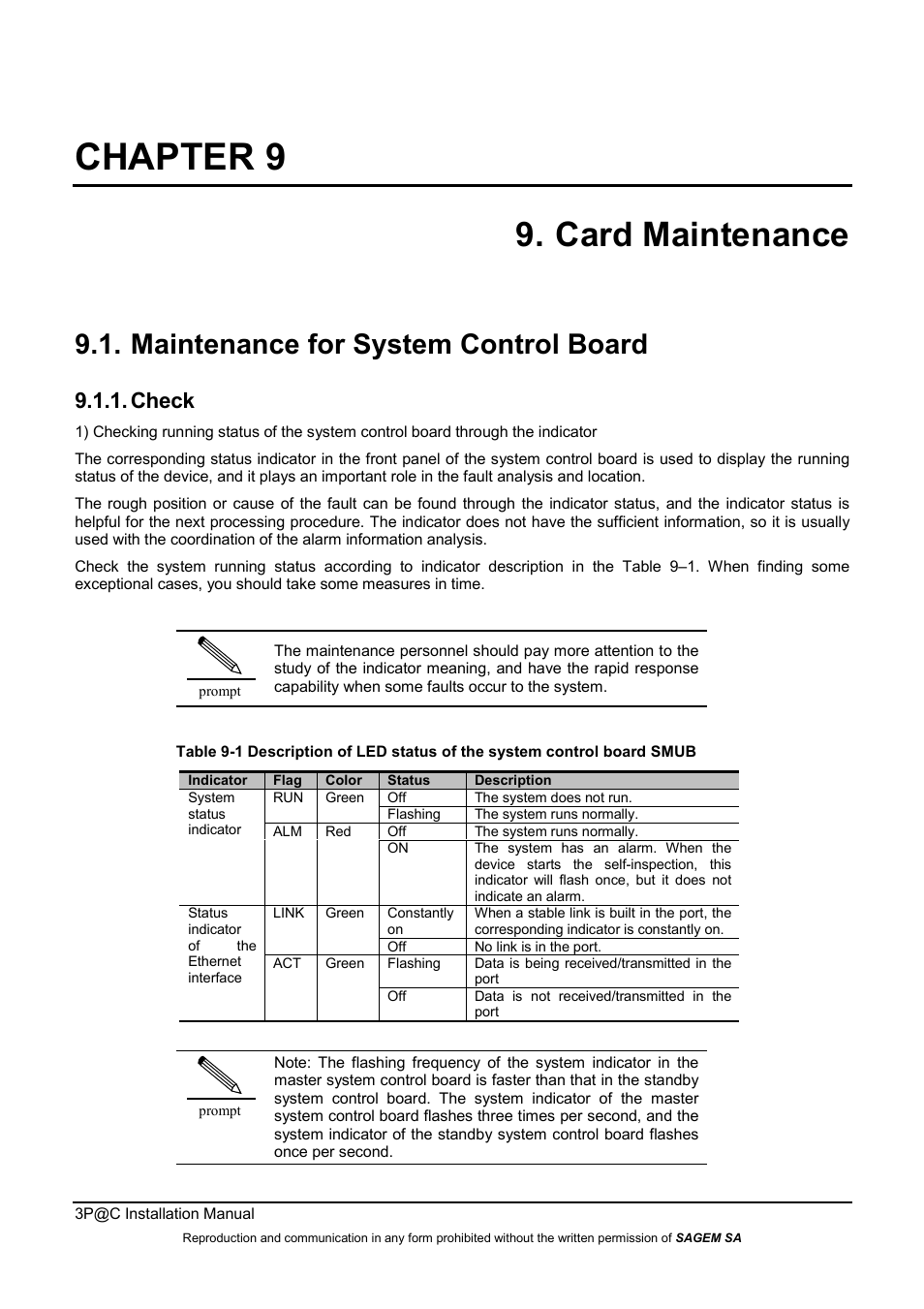 Chapter 9, Card maintenance, Maintenance for system control board | Check | Sagem 4450E User Manual | Page 142 / 198