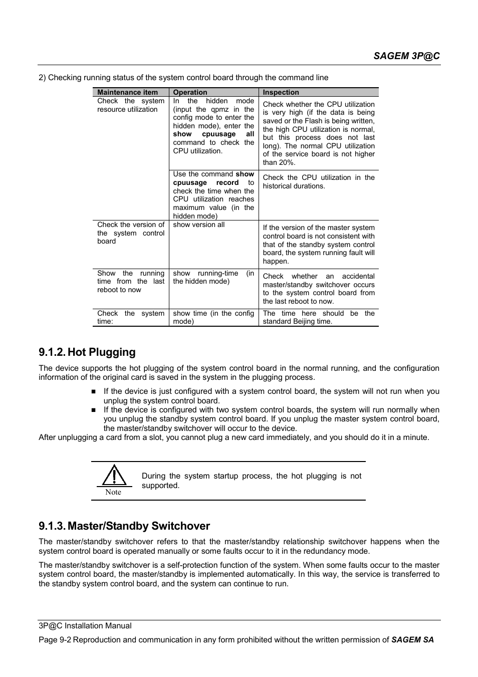 Hot plugging, Master/standby switchover, Sagem 3p@c | Sagem 4450E User Manual | Page 143 / 198