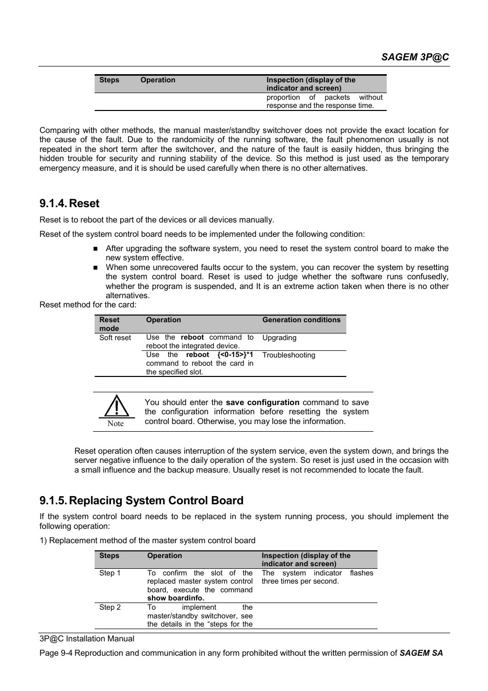 Reset, Replacing system control board, Sagem 3p@c | Sagem 4450E User Manual | Page 145 / 198