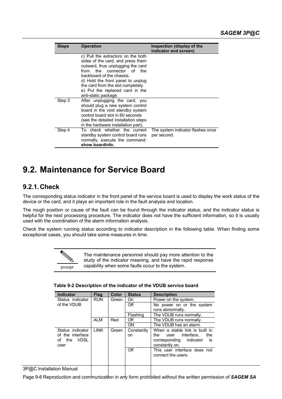 Maintenance for service board, Check, Sagem 3p@c | Sagem 4450E User Manual | Page 147 / 198