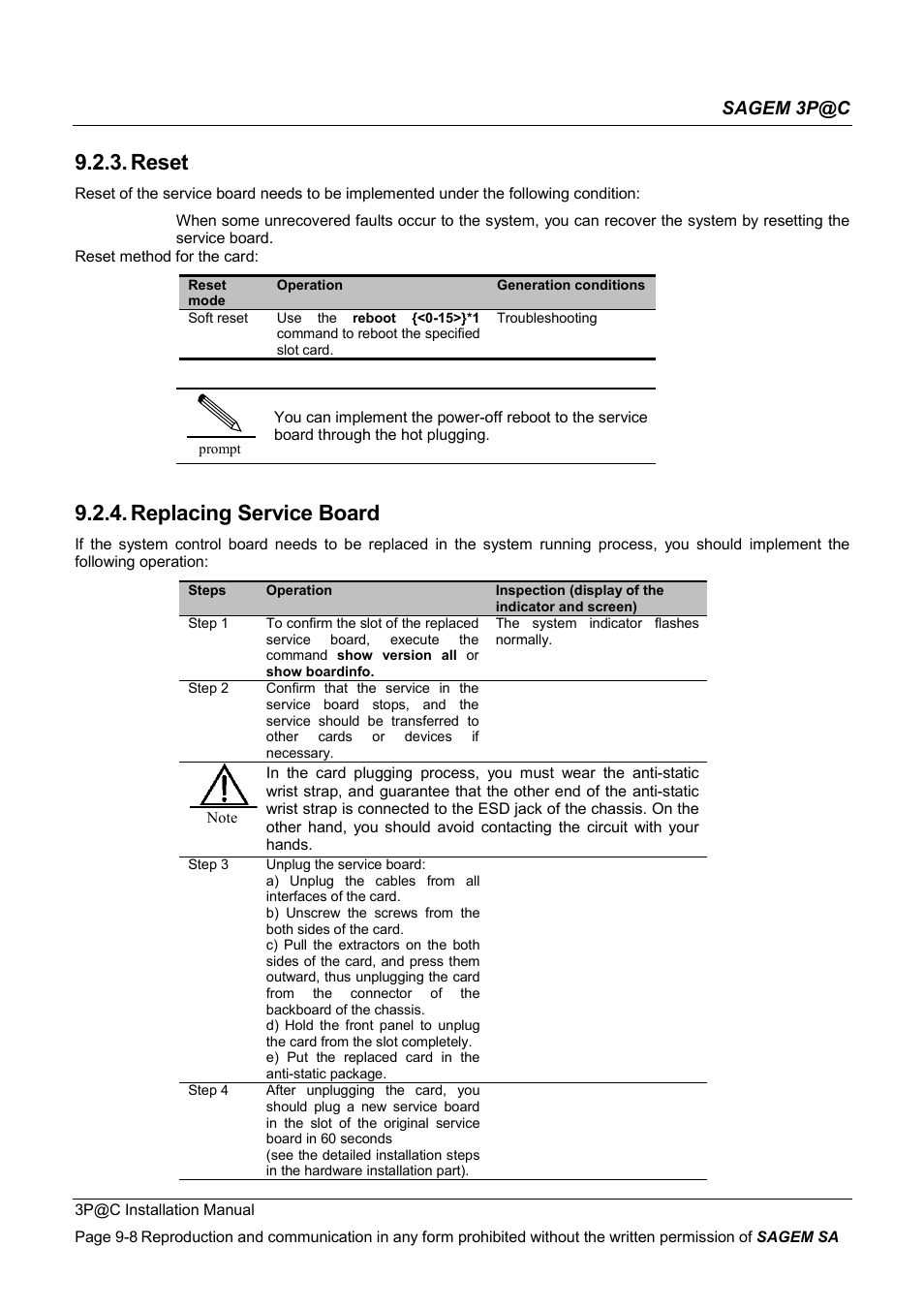 Reset, Replacing service board, Sagem 3p@c | Sagem 4450E User Manual | Page 149 / 198