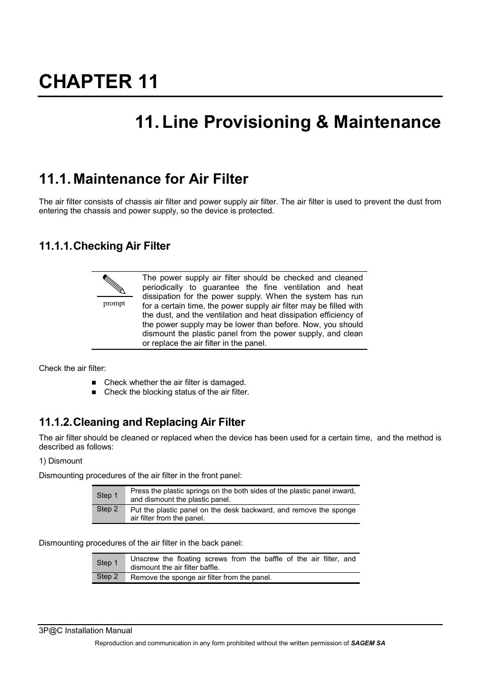 Chapter 11, Line provisioning & maintenance, Maintenance for air filter | Checking air filter, Cleaning and replacing air filter | Sagem 4450E User Manual | Page 154 / 198