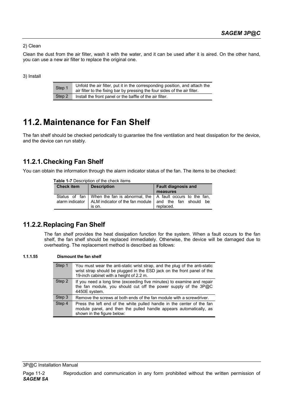 Maintenance for fan shelf, Checking fan shelf, Replacing fan shelf | Sagem 3p@c | Sagem 4450E User Manual | Page 155 / 198