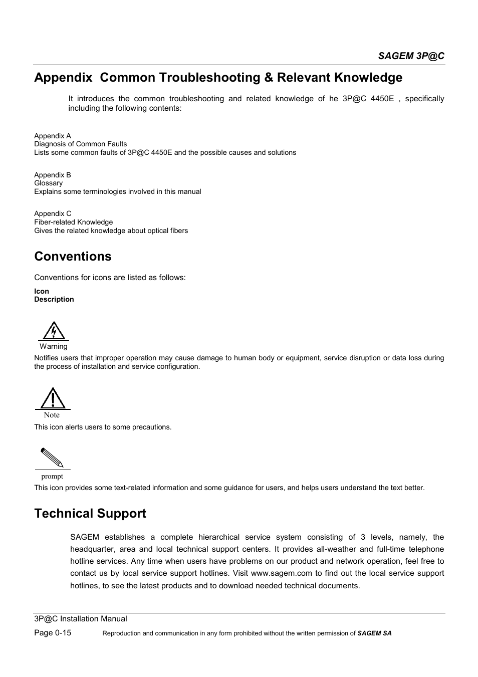 Conventions, Technical support | Sagem 4450E User Manual | Page 16 / 198