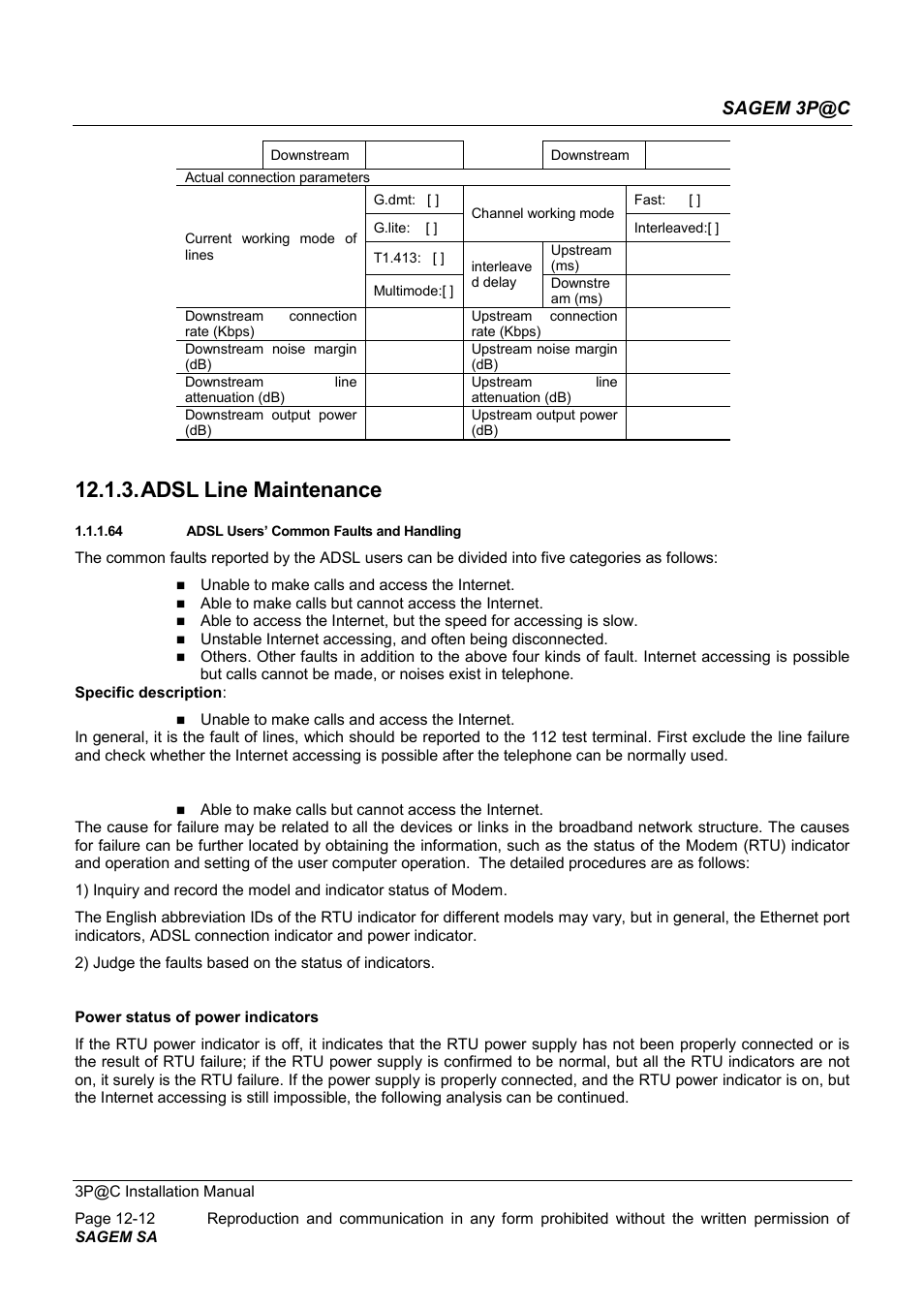 Adsl line maintenance, Sagem 3p@c | Sagem 4450E User Manual | Page 169 / 198