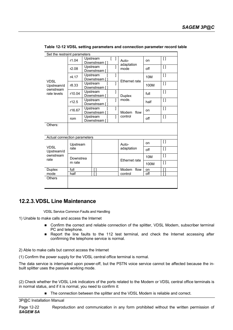 Vdsl line maintenance, Sagem 3p@c | Sagem 4450E User Manual | Page 179 / 198