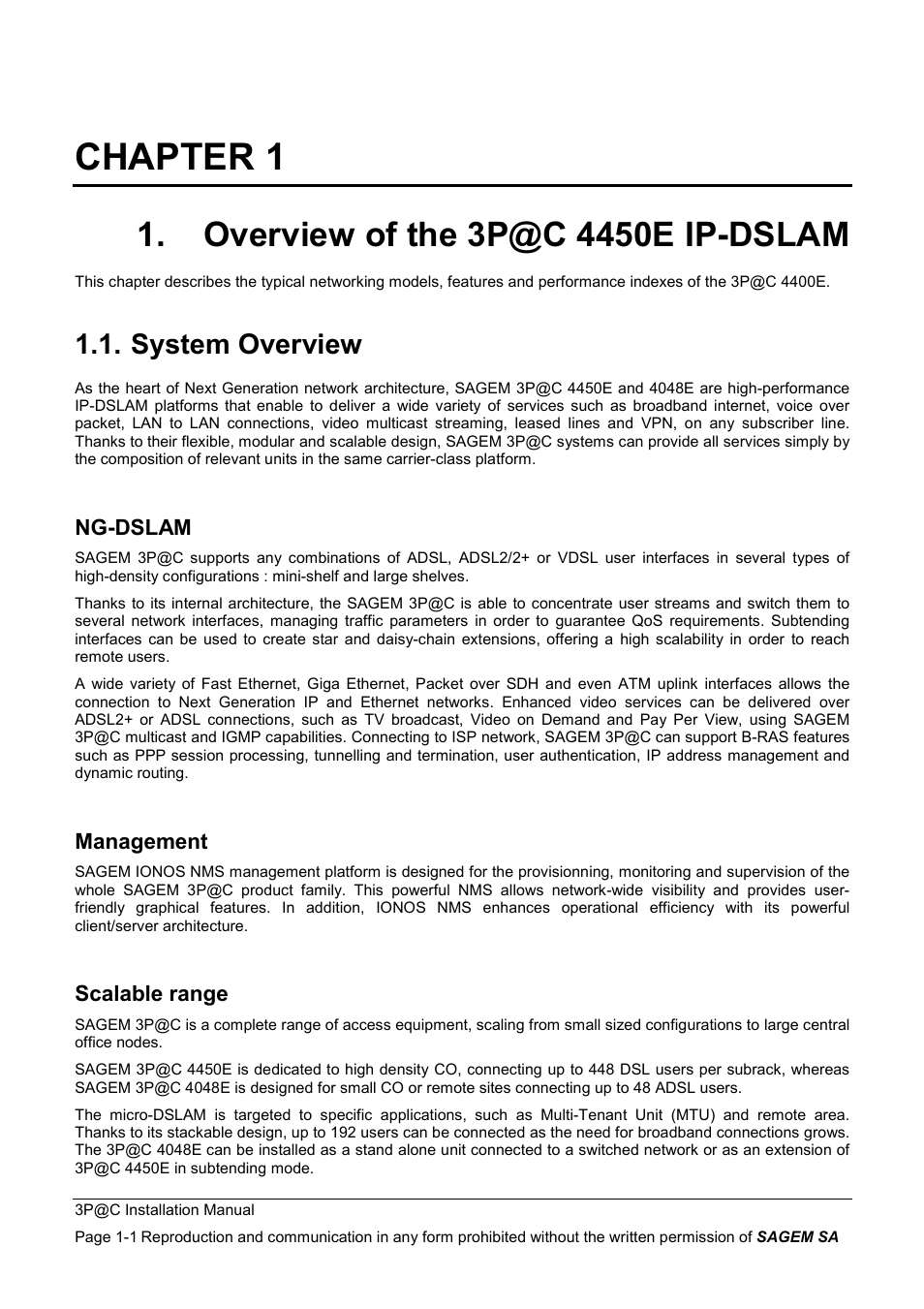 Chapter 1, Overview of the 3p@c 4450e ip-dslam, System overview | Sagem 4450E User Manual | Page 18 / 198