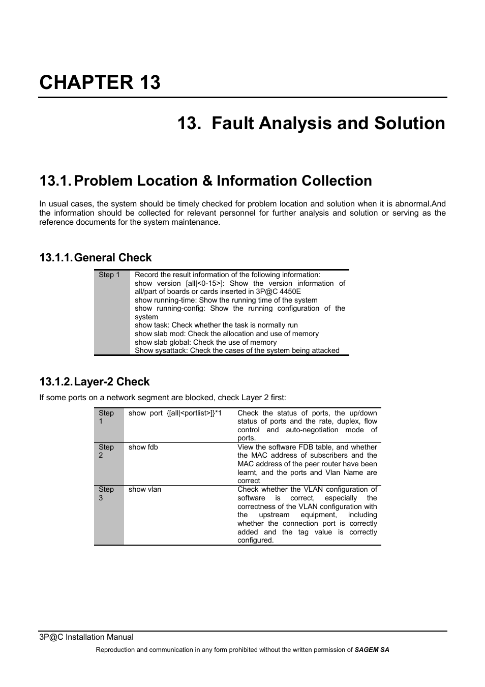 Chapter 13, Fault analysis and solution, Problem location & information collection | General check, Layer-2 check | Sagem 4450E User Manual | Page 184 / 198