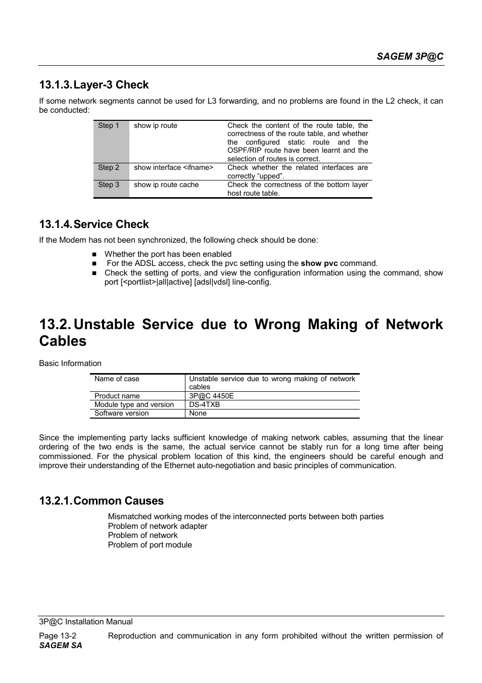 Layer-3 check, Service check, Common causes | Sagem 3p@c | Sagem 4450E User Manual | Page 185 / 198