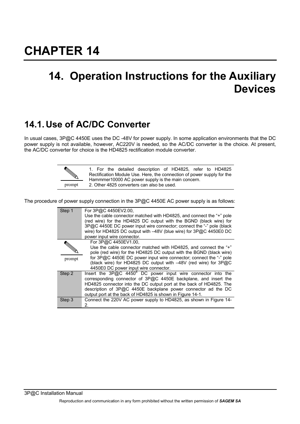 Chapter 14, Operation instructions for the auxiliary devices, Use of ac/dc converter | Sagem 4450E User Manual | Page 190 / 198