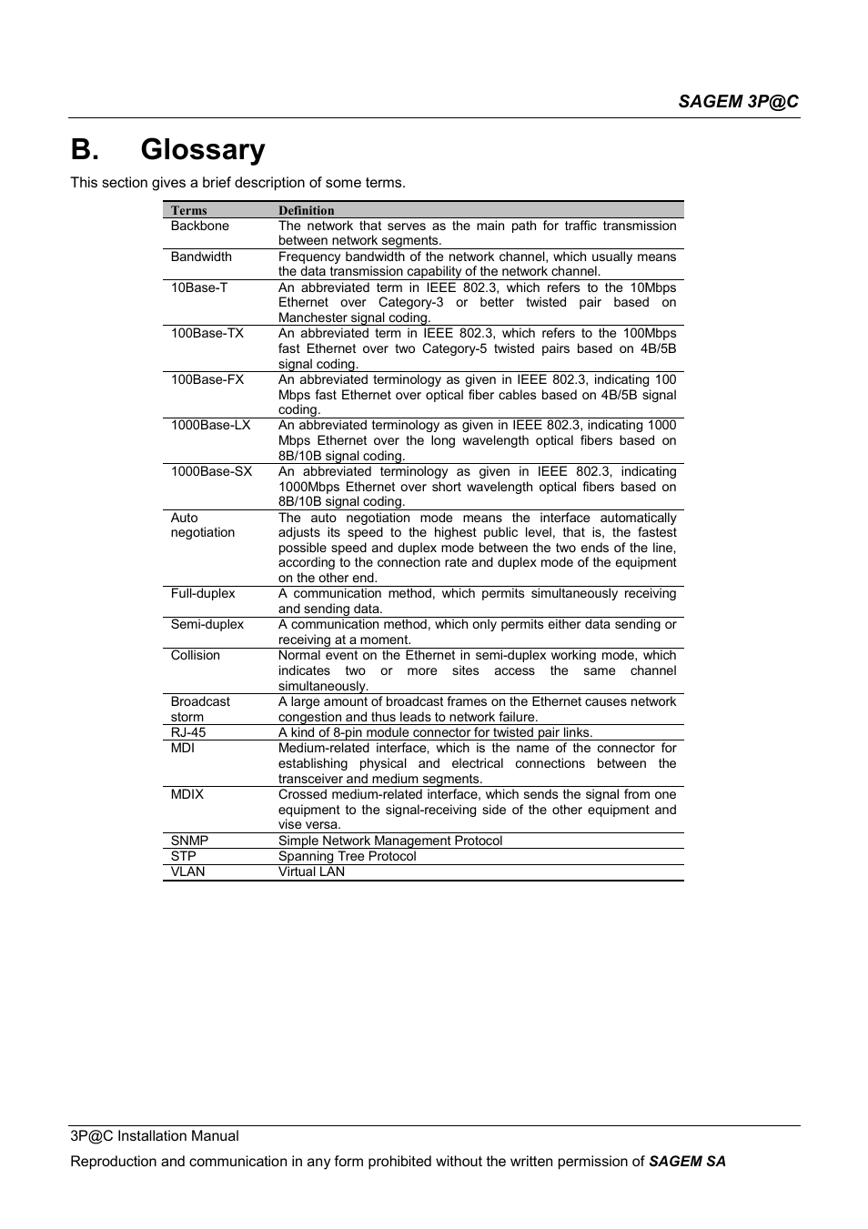 Glossary, B. glossary, Sagem 3p@c | Sagem 4450E User Manual | Page 194 / 198