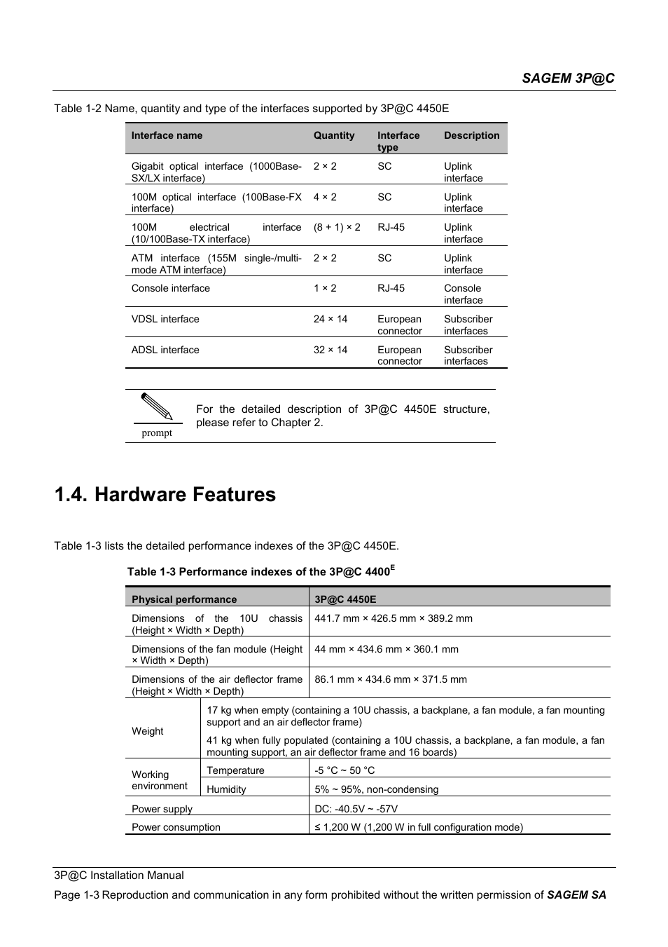 Hardware features, Sagem 3p@c | Sagem 4450E User Manual | Page 22 / 198