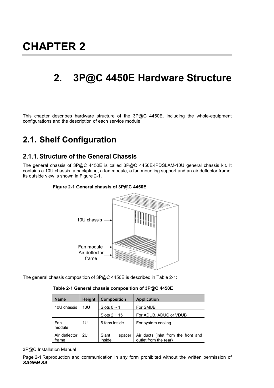 Chapter 2, 3p@c 4450e hardware structure, Shelf configuration | Structure of the general chassis | Sagem 4450E User Manual | Page 24 / 198