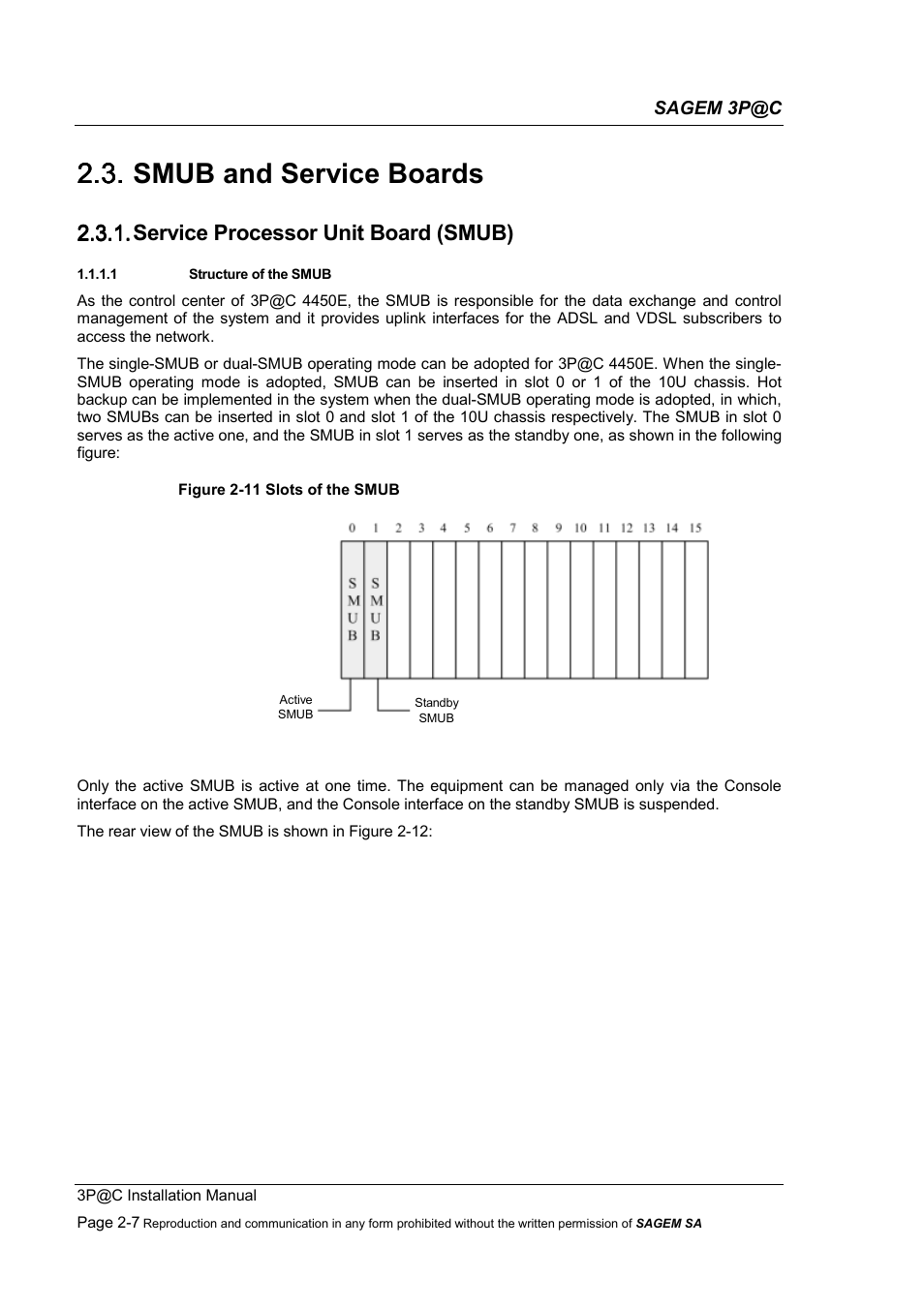 Smub and service boards, Service processor unit board (smub), 2.3. smub and service boards | 2.3.1. service processor unit board (smub) | Sagem 4450E User Manual | Page 30 / 198