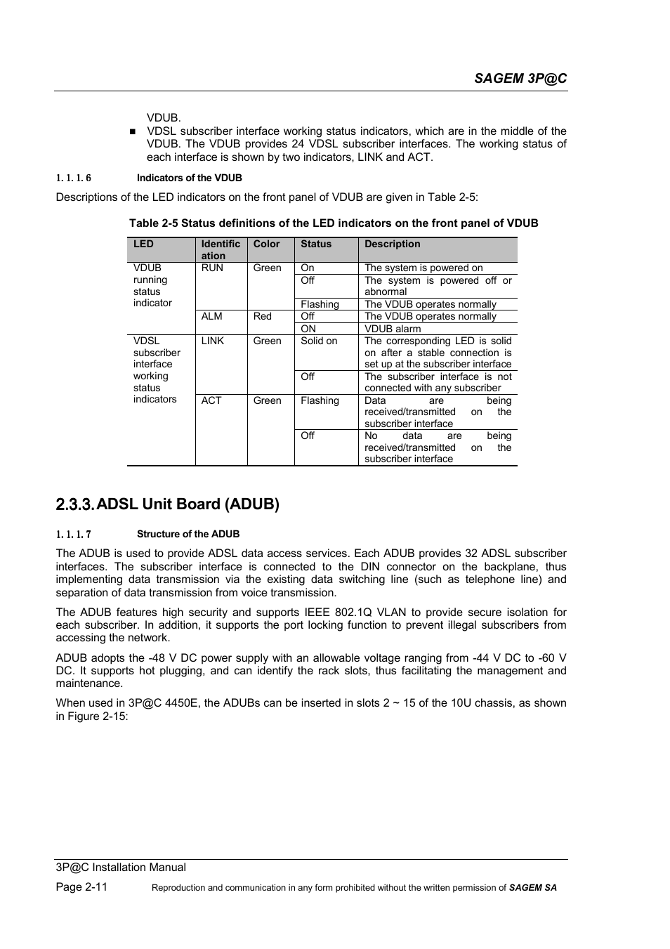 Adsl unit board (adub), 2.3.3. adsl unit board (adub), Sagem 3p@c | Sagem 4450E User Manual | Page 34 / 198