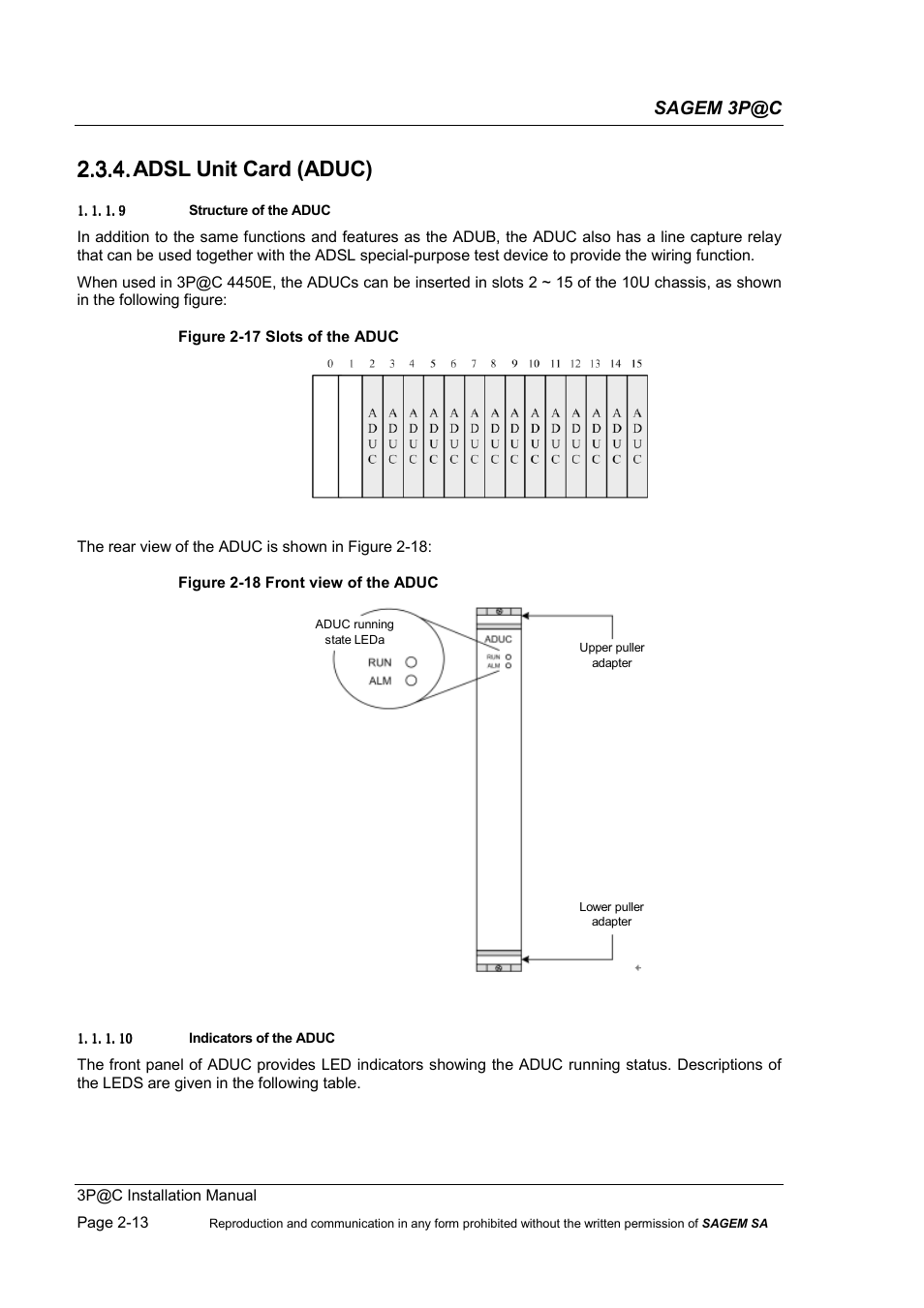 Adsl unit card (aduc), 2.3.4. adsl unit card (aduc), Sagem 3p@c | Sagem 4450E User Manual | Page 36 / 198