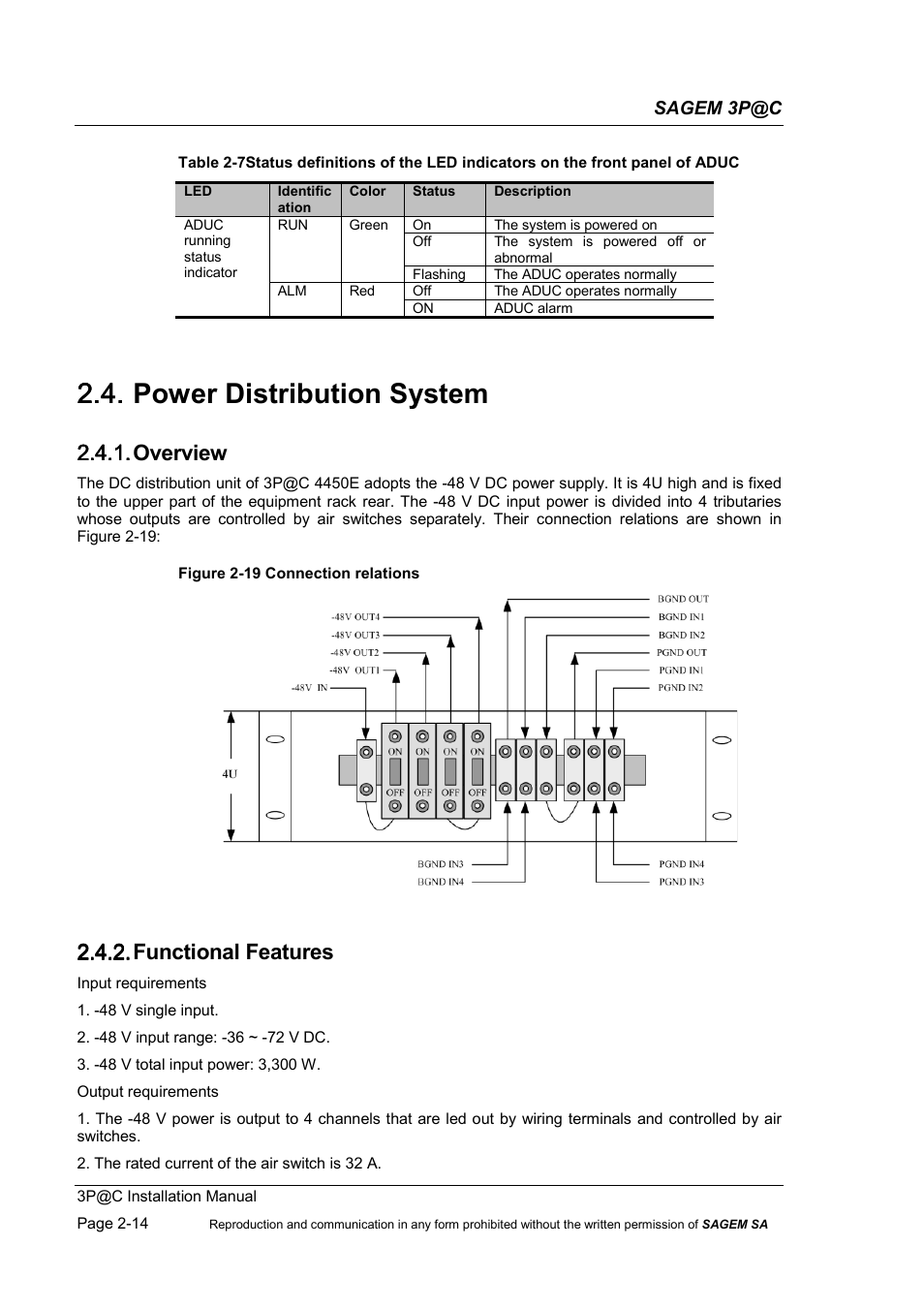 Power distribution system, Overview, Functional features | 2.4. power distribution system, 2.4.1. overview, 2.4.2. functional features | Sagem 4450E User Manual | Page 37 / 198